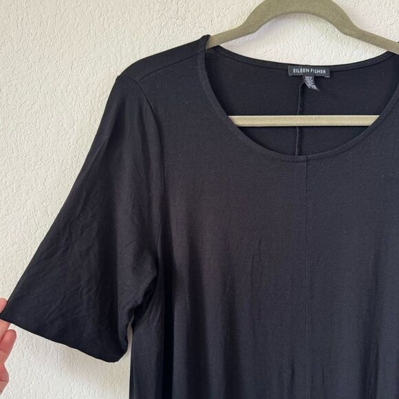 Eileen Fisher Black Stretchy Knit Tunic Top L Viscose Blend Scoop Neck Lagenlook - Picture 2 of 6